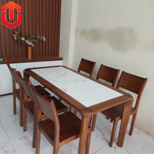 BÀN ĂN CHÂN HƯƠU SỒI MÀU ÓC CHÓ MẶT ĐÁ
