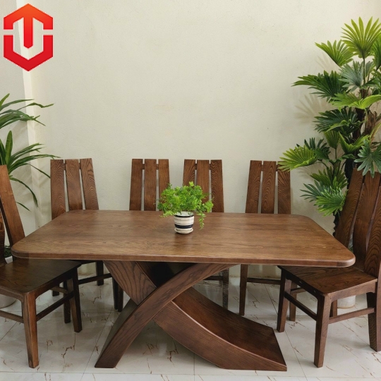 BỘ BÀN ĂN SỒI MÀU ÓC CHÓ CHÂN CHỮ K GHẾ 3 LÁ