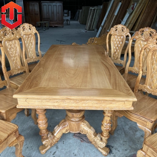 BÀN ĂN GÕ ĐỎ TRỤ SƯ TỬ 8 GHẾ 