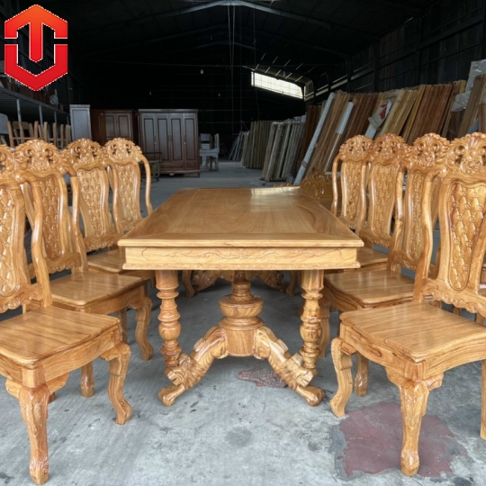 BÀN ĂN GÕ ĐỎ TRỤ SƯ TỬ 8 GHẾ 