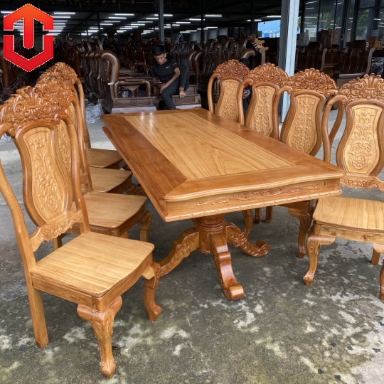 BÀN ĂN BÁNH TÂY CĂM XE MẶT GÕ 8 GHẾ