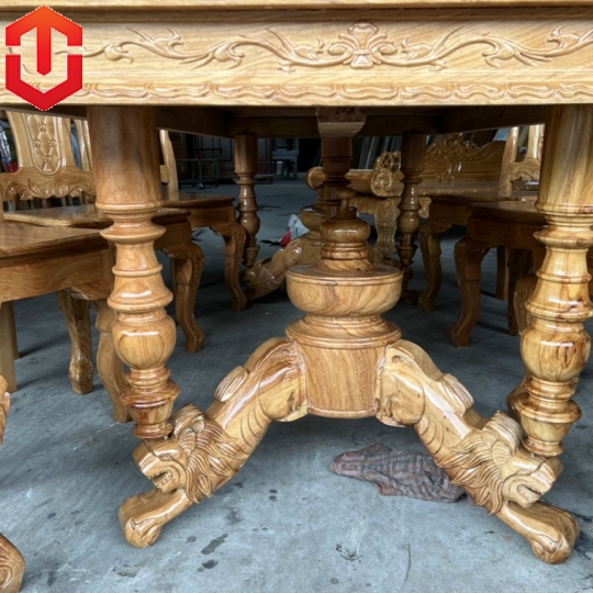 BÀN ĂN GÕ ĐỎ TRỤ SƯ TỬ 8 GHẾ 