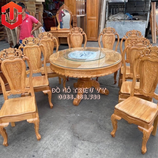BÀN ĂN TRÒN GÕ ĐỎ CAO CẤP 8 GHẾ