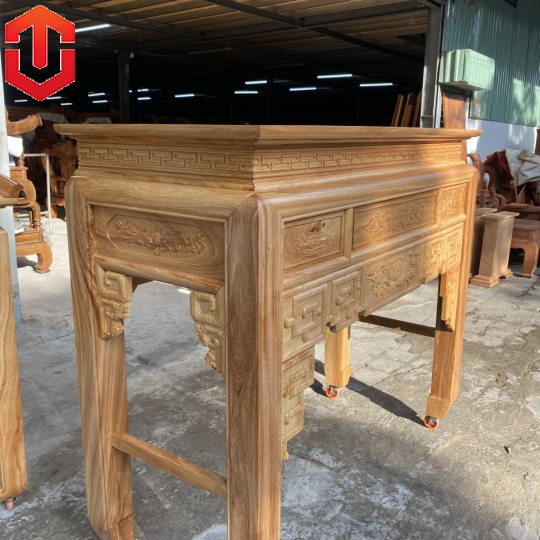 BÀN CÚNG GÕ ĐỎ CHẠM SEN 1M53 KÈM BÀN CƠM 