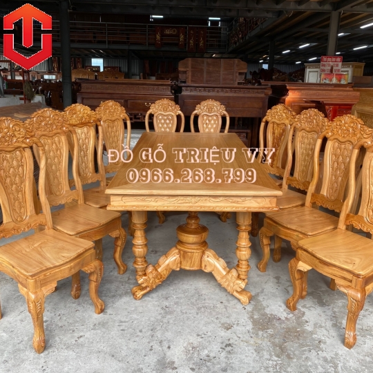 BÀN ĂN GÕ ĐỎ TRỤ SƯ TỬ 10 GHẾ - CAO CẤP