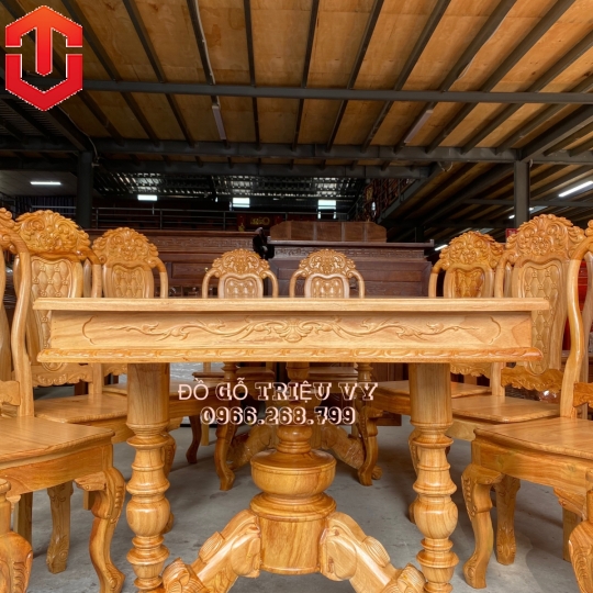 BÀN ĂN GÕ ĐỎ TRỤ SƯ TỬ 10 GHẾ - CAO CẤP