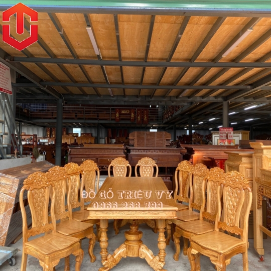 BÀN ĂN GÕ ĐỎ TRỤ SƯ TỬ 10 GHẾ - CAO CẤP