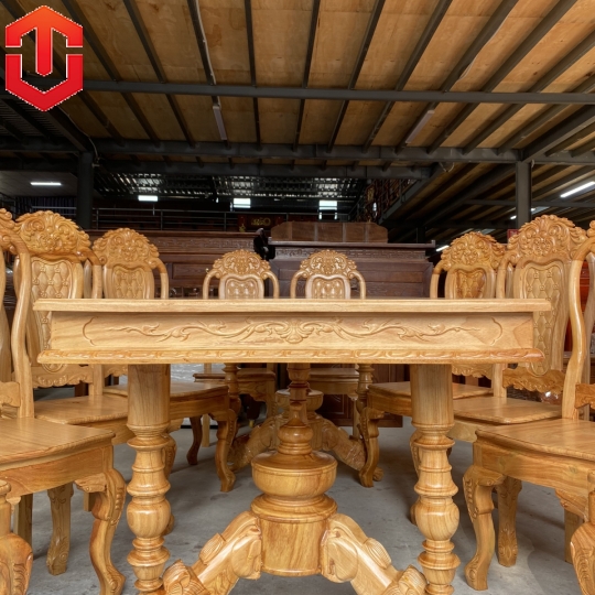 BÀN ĂN GÕ ĐỎ TRỤ SƯ TỬ 10 GHẾ - CAO CẤP