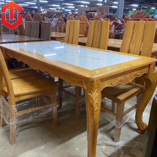 BÀN ĂN SỒI MẶT ĐÁ CHÂN LUY 6 GHẾ