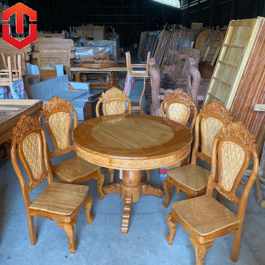 BÀN ĂN TRÒN CĂM XE MẶT GÕ 6 GHẾ