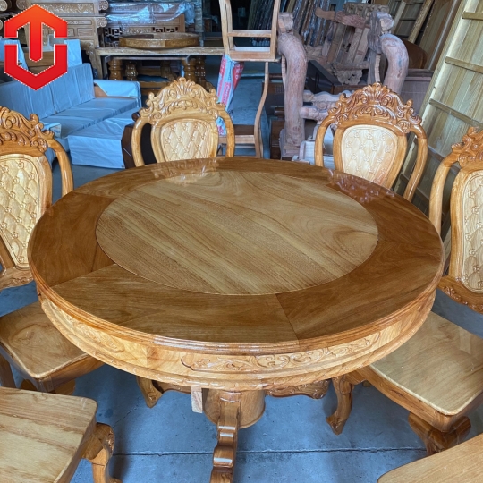 BÀN ĂN TRÒN CĂM XE MẶT GÕ 6 GHẾ