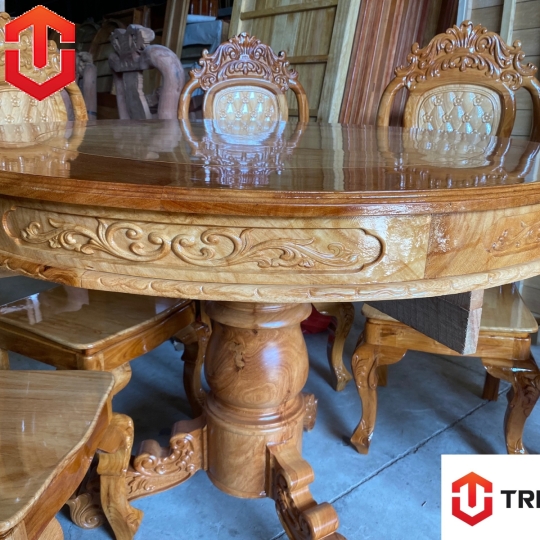 BÀN ĂN TRÒN CĂM XE MẶT GÕ 6 GHẾ