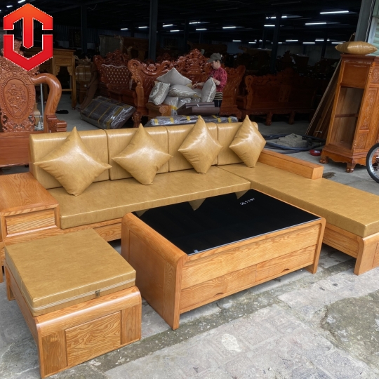 SOFA GÓC CHÂN CUỐN GỖ SỒI LAU MÀU HƯƠNG VÀNG - VẾ PHẢI
