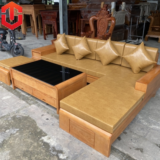 SOFA GÓC CHÂN CUỐN GỖ SỒI LAU MÀU HƯƠNG VÀNG - VẾ PHẢI
