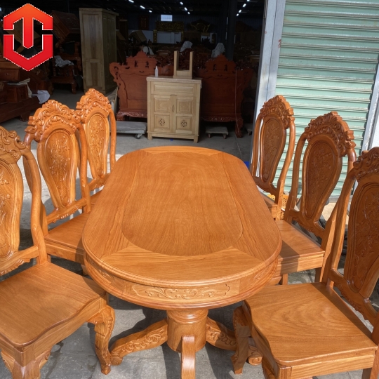 BÀN ĂN OVAL GÕ ĐỎ 6 GHẾ