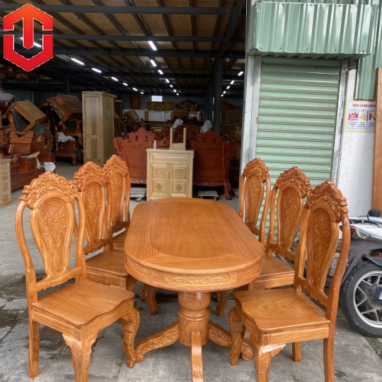 BÀN ĂN OVAL GÕ ĐỎ 6 GHẾ