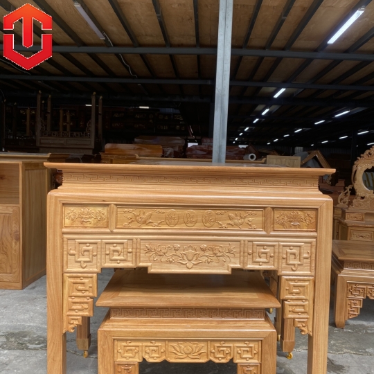 BÀN CÚNG GÕ ĐỎ 1M53 CHẠM SEN + BÀN CƠM