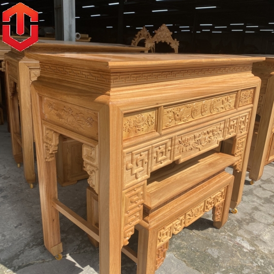 BÀN CÚNG GÕ ĐỎ 1M53 CHẠM SEN + BÀN CƠM