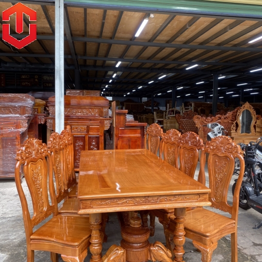 BÀN ĂN GÕ ĐỎ 8 GHẾ MẶT VUÔNG TRỤ SƯ TỬ