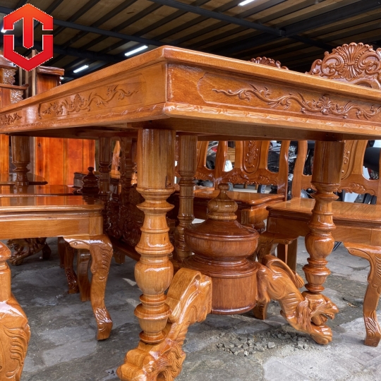 BÀN ĂN GÕ ĐỎ 8 GHẾ MẶT VUÔNG TRỤ SƯ TỬ