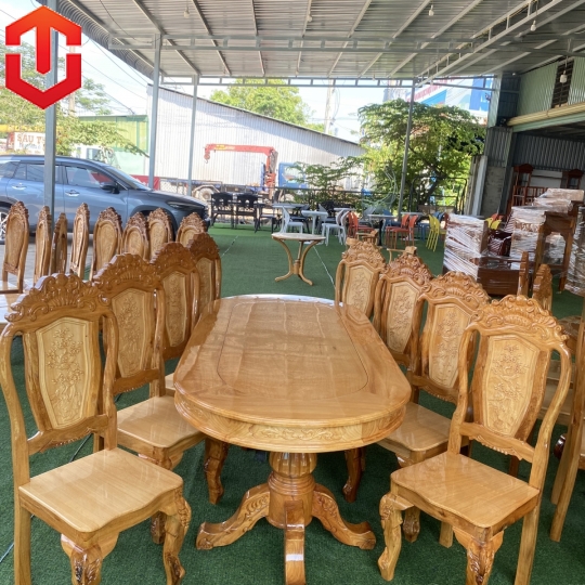 BÀN ĂN OVAL CĂM XE MẶT GÕ - 8 GHẾ