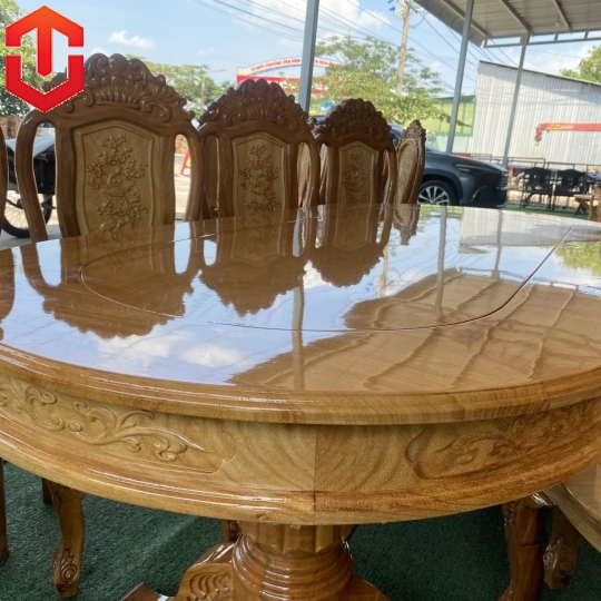 BÀN ĂN OVAL CĂM XE MẶT GÕ - 8 GHẾ