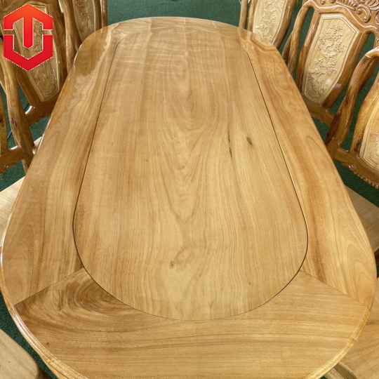 BÀN ĂN OVAL CĂM XE MẶT GÕ - 8 GHẾ