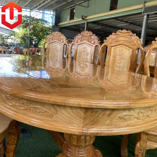 BÀN ĂN OVAL CĂM XE MẶT GÕ - 8 GHẾ